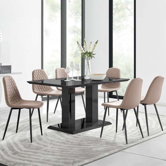 Furniturebox Molini Solara 6 Seater Dining Set Black Gloss and Cappuccino - Brown - Wilko - image 1