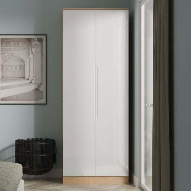 Crowndale Milan 2 Door White Gloss and Bardolino Oak Tall Wardrobe Ready Assembled - White Gloss & Bardolino Oak - Wilko - image 1