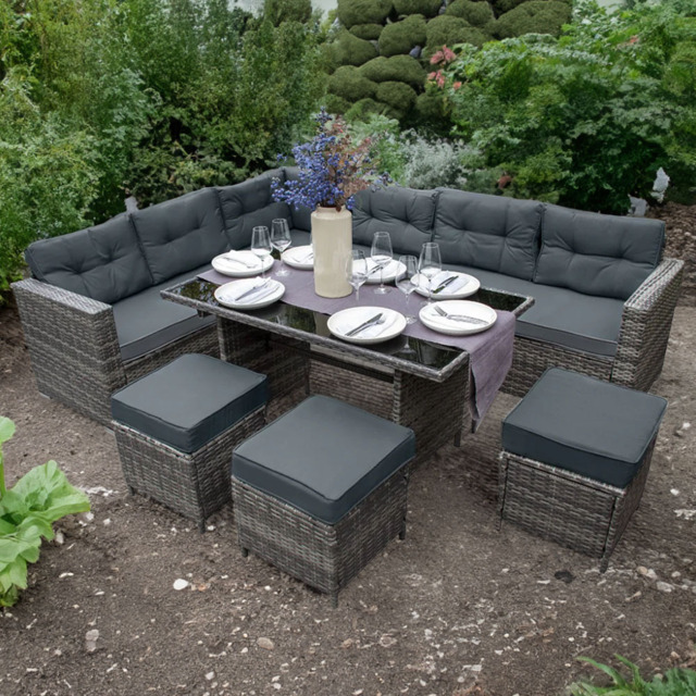 MonsterShop 9 Seater Grey Rattan Corner Lounge Set with Cushion Storage Box - Wilko - image 1