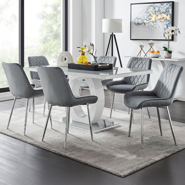 Furniturebox Lucia Cesano 6 Seater Dining Set Grey Gloss Grey and Chrome - Wilko - image 1