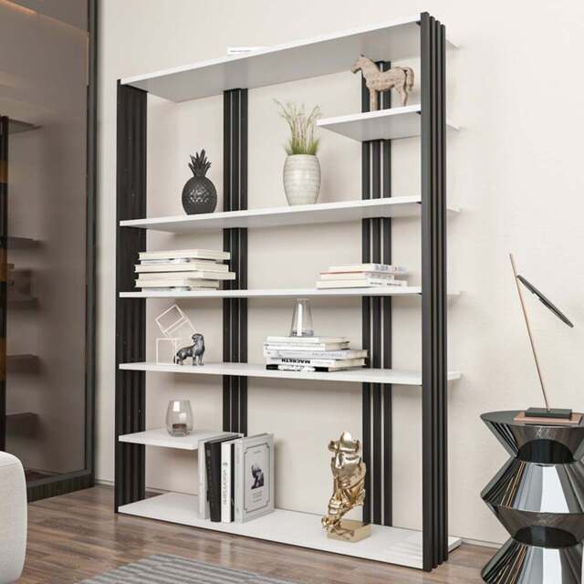Decorotika Jeni 6 Shelf White and Black Bookcase - Size: 160 x 120 x 29.6cm - Multi - Wilko - image 1