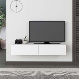 Decortie Francy 2 Door White Modern Wall Mounted TV Unit - Size: 25 x 135 x 31.7cm - Wilko - thumbnail 5