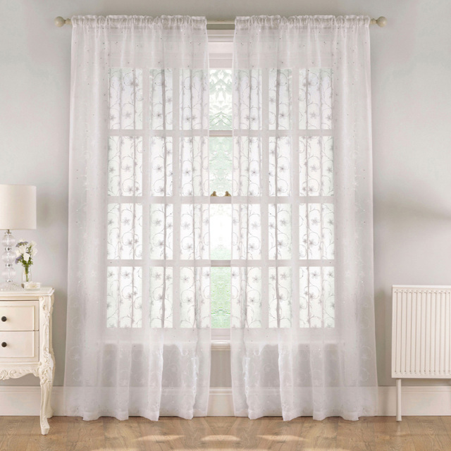 Tyrone Textiles Belle White Floral Embroidery Sequins Rod Pocket Voile Panel Curtains 140 x 229cm - Size: W 140 x D 229cm - Wilko - image 1