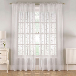 Tyrone Textiles Belle White Floral Embroidery Sequins Rod Pocket Voile Panel Curtains 140 x 229cm - Size: W 140 x D 229cm - Wilko - thumbnail 1