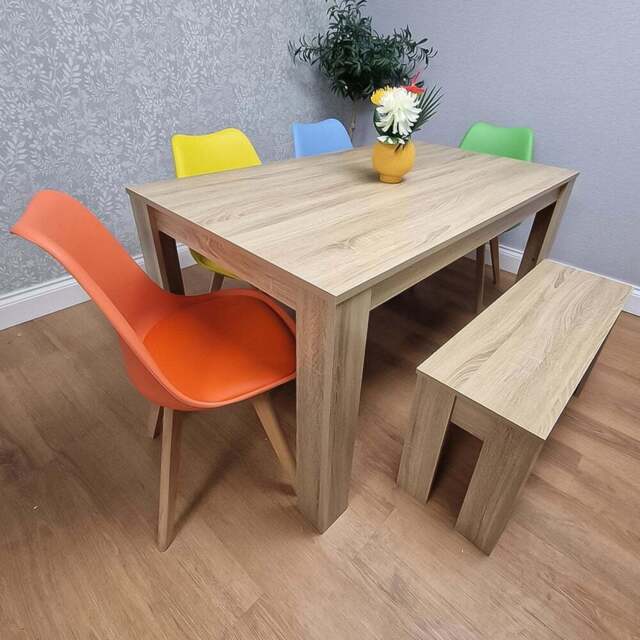 Portland 6 Seater Dining Bench Set Oak Effect and Multicolour - Beige - Wilko - image 1