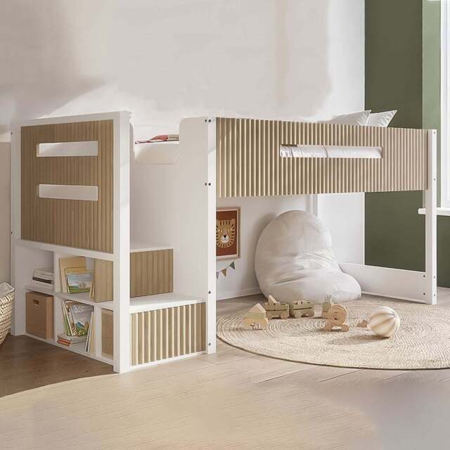 Flair Luca White and Oak Ribbed Mid Sleeper Bed with Chest and Cabinet - Size: 113 x 102 x 245.6cm - Wilko - image 1