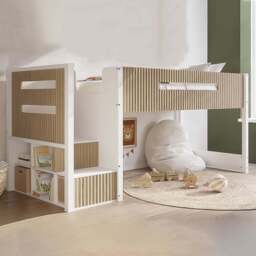 Flair Luca White and Oak Ribbed Mid Sleeper Bed with Chest and Cabinet - Size: 113 x 102 x 245.6cm - Wilko - thumbnail 1