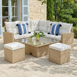 HGD St. Tropez 6 Seater Natural and White Garden Corner Sofa with Rising Table - Wilko - thumbnail 1