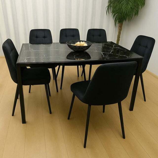 Kosy Koala 6 Seater Velvet Marble Effect Dining Set Black - Multi - Wilko - image 1