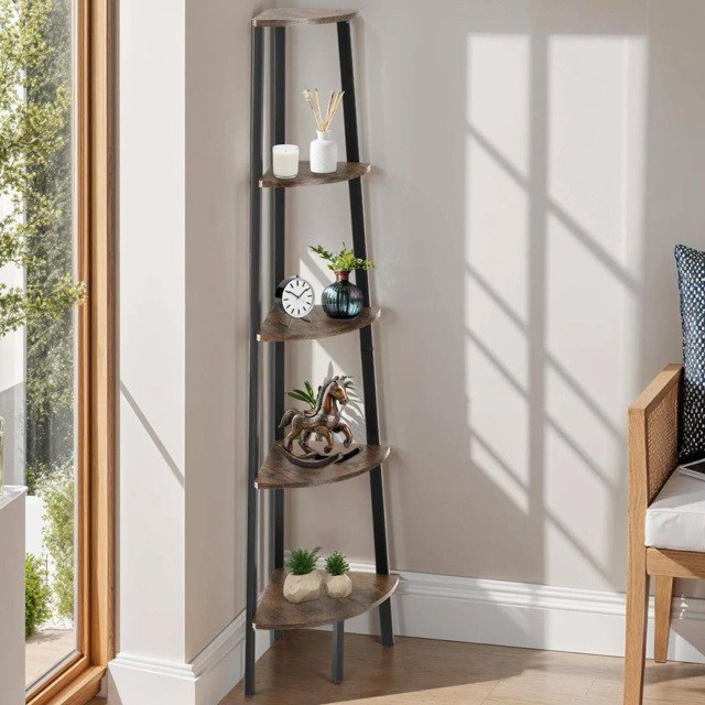 tectake Portland 4 Shelf Industrial Dark Wood Rustic Corner Shelving Unit - Brown - Wilko - image 1