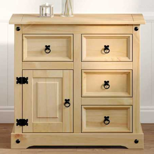 vidaXL Corona Single Door 4 Drawer Natural Solid Pine Wood Sideboard - Size: 75 x 40 x 80cm - Brown - Wilko - image 1