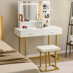 Costway White Vanity Set with Large Mirror and Stool - Size: 100 x 45 x 136cm - Wilko