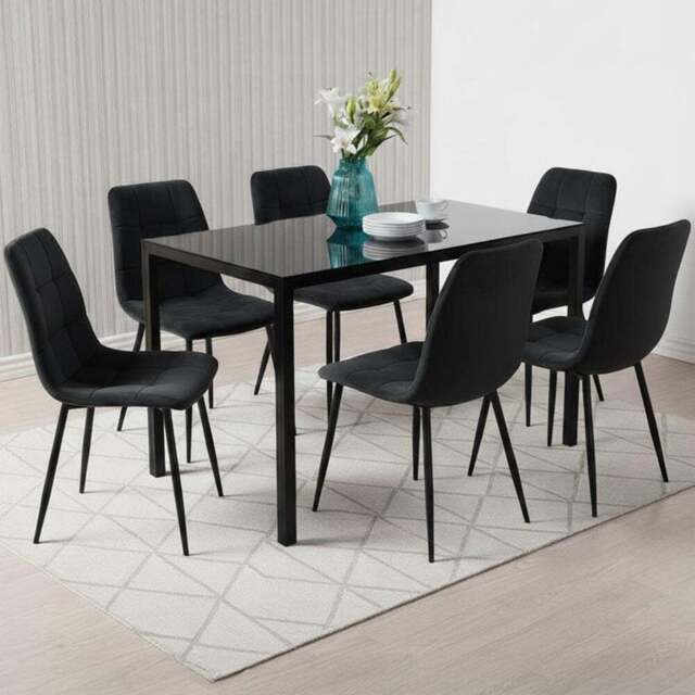 Kosy Koala 6 Seater Glass and Velvet Tufted Dining Set Black - Wilko - image 1