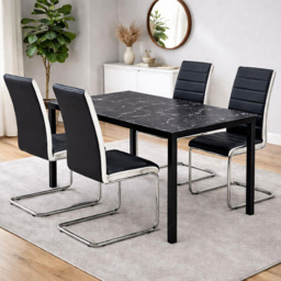 Portland 4 Seater Faux Leather Marble Effect Tabletop Dining Set Black and Chrome - Wilko - thumbnail 1