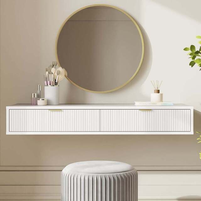 GFW Sienna 2 Drawer White Ribbed Wall Mounted Dressing Table - Size: 15 x 100 x 40cm - Wilko