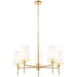 Merano Florence Multi Arm White and Satin Brass 5 Light Pendant Ceiling Lamp - Size: 69 x 69 x 203cm - Wilko