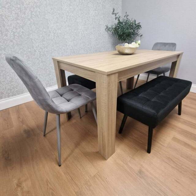 Portland 4 Seater Velvet Wooden Dining Set with Bench Oak Effect Grey and Black - Multi - Wilko - image 1
