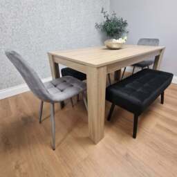 Portland 4 Seater Velvet Wooden Dining Set with Bench Oak Effect Grey and Black - Multi - Wilko