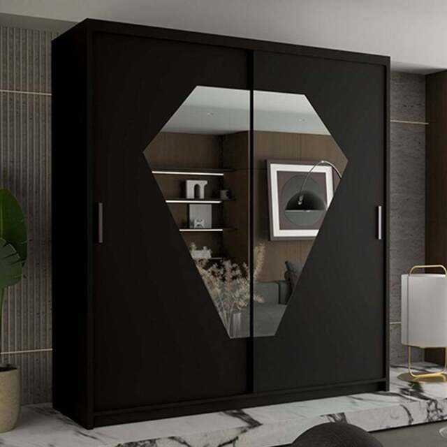 Sliding Wardrobes 4U Diamond 2 Door Black Wide Mirrored Wardrobe 203cm - Wilko - image 1