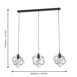 EGLO Straiton 3 Light Black Steel Geometric Pendant Lampshade - Size: 110 x 24 x 90.5cm - Wilko - thumbnail 5
