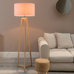 ValueLights Lottie Blush Pink Fabric Drum Shade Natural Wood Tripod LED Floor Lamp - Size: 148 x 45 x 45cm - Cream - Wilko - thumbnail 3