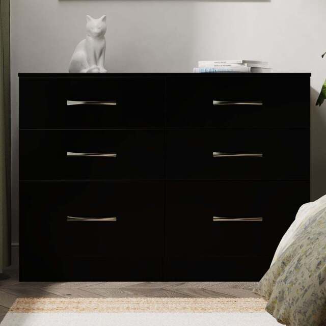 Crowndale Avon 6 Drawer Matt Black Wide Chest of Drawers Ready Assembled - Black Matt - Wilko - image 1