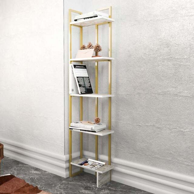Decorotika Alice 5 Shelf Gold and White Marble Effect Corner Bookshelf - Size: 180 x 45.2 x 21.6cm - Multi - Wilko - image 1