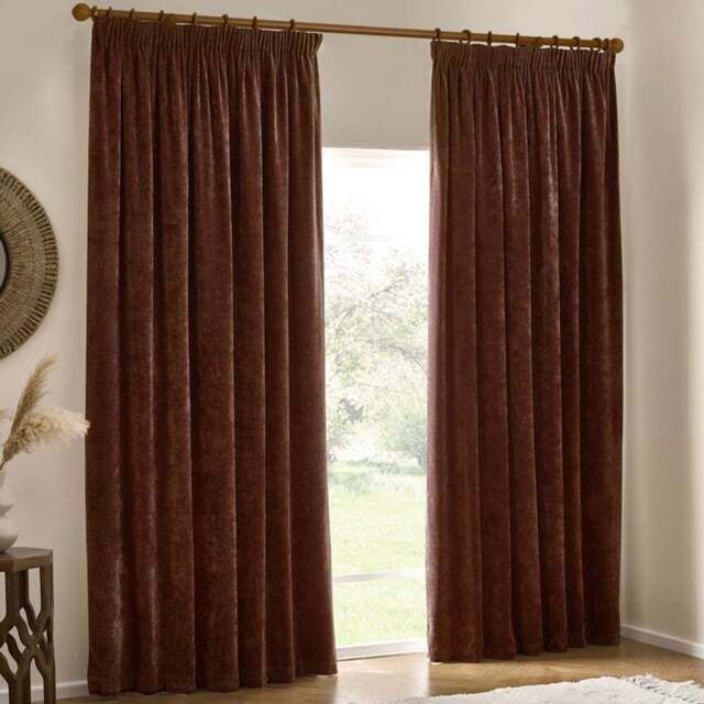 Yard Heavy Nutmeg Chenille Velvet Pencil Pleat Curtains 117 x 183cm - Size: W 117 x D 183cm - Red - Wilko - image 1