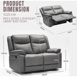 Furniture One 2 Seater Grey Manual Recliner Loveseat Sofa - Wilko - thumbnail 7