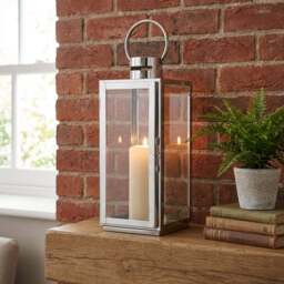 Silver Stainless Steel and Glass Lantern - Size: 16 x 35 x 17cm - Wilko - thumbnail 3