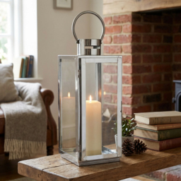 Silver Stainless Steel and Glass Lantern - Size: 16 x 35 x 17cm - Wilko - thumbnail 4