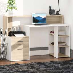 HOMCOM 2 Drawer 3 Shelf Oak Multi Storage Workstation Desk - Size: 92.0 cm x 55.0 cm x 137.0 cmcm - White - Wilko