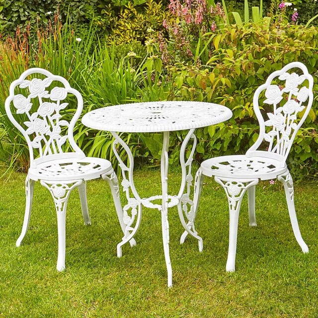 Home Source 2 Seater White Cast Aluminium Rose Patio Bistro Set - Wilko - image 1