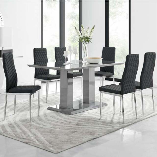 Furniturebox Molini Modern Valera 6 Seater Dining Set Grey Gloss Black and Chrome - Wilko - image 1
