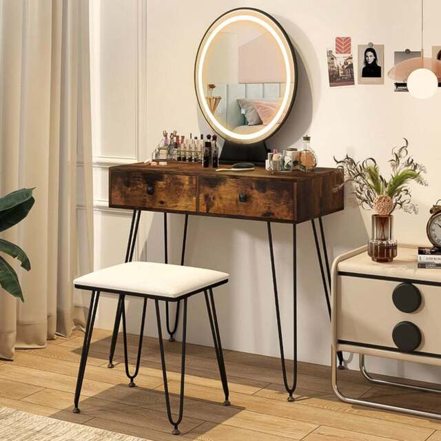 Costway Rustic Brown Vanity Desk Set with LED Mirror and Cushioned Stool - Size: 80 x 40 x 137cm - Wilko - image 1