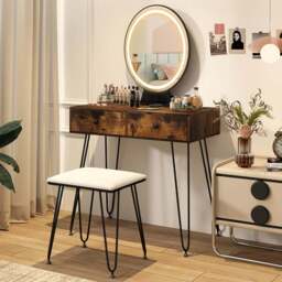 Costway Rustic Brown Vanity Desk Set with LED Mirror and Cushioned Stool - Size: 80 x 40 x 137cm - Wilko