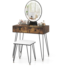 Costway Rustic Brown Vanity Desk Set with LED Mirror and Cushioned Stool - Size: 80 x 40 x 137cm - Wilko - thumbnail 4
