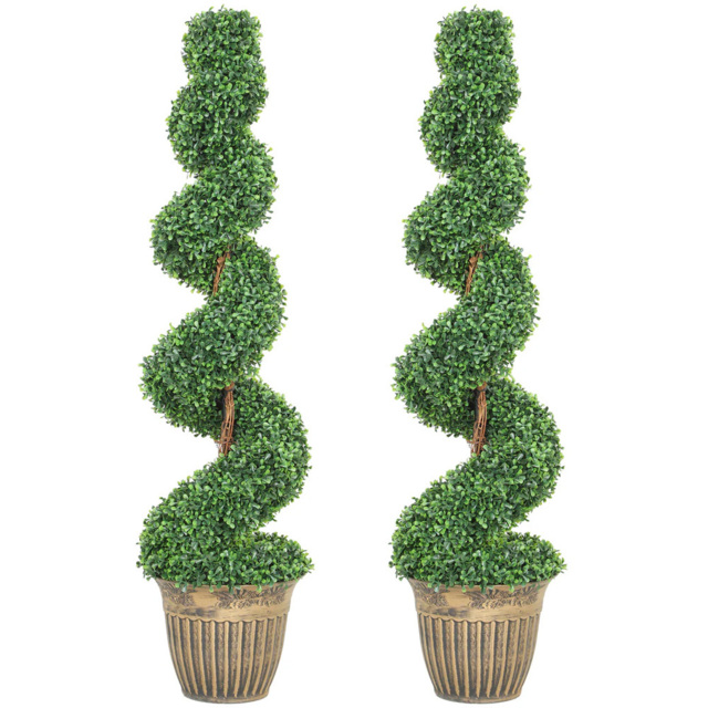 HOMCOM Potted Artificial Topiary Spiral Boxwood Trees Set of 2 - Size: 120 x 28 x 28cm - Green - Wilko - image 1