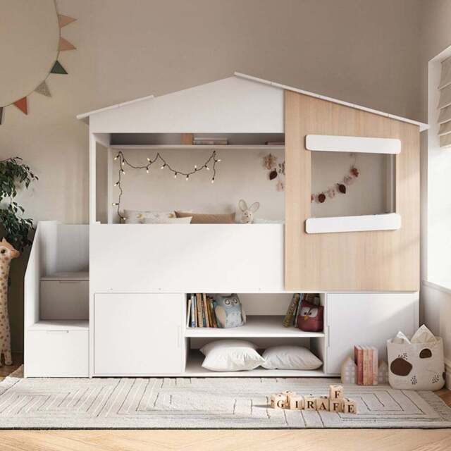 Flair Dreamland White and Oak House Staircase Mid Sleeper with Storage - Size: Single - Wilko - image 1