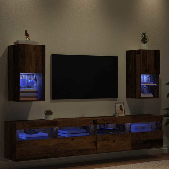 vidaXL Single Door 2 Shelf Old Wood Wall Mounted LED TV Unit Set of 2 - Size: 45.5 x 60 x 32cm - Brown - Wilko - image 1