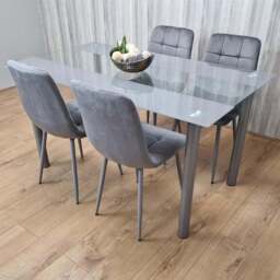 Kosy Koala 4 Seater Glass and Velvet Rectangular Dining Set Grey - Portland - Wilko