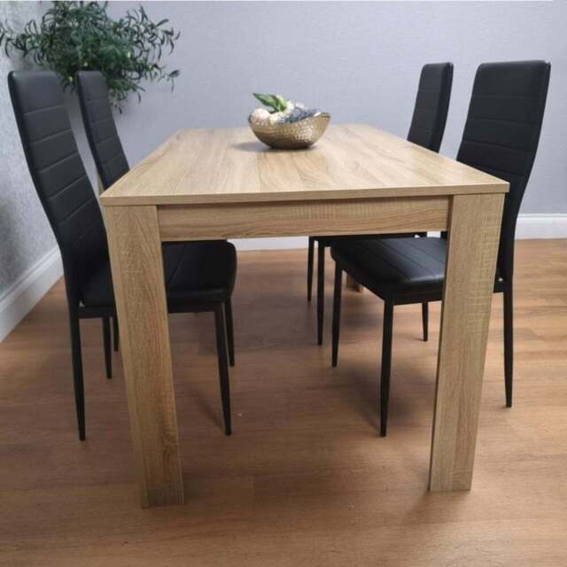 Kosy Koala 4 Seater Faux Leather Dining Set Oak Effect and Black - Multi - Portland - Wilko - image 1