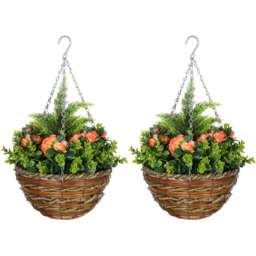 Portland Artificial Orange Lisianthus Flower Hanging Planter 2 Pack - Size: 34 x 25 x 25cm - Wilko