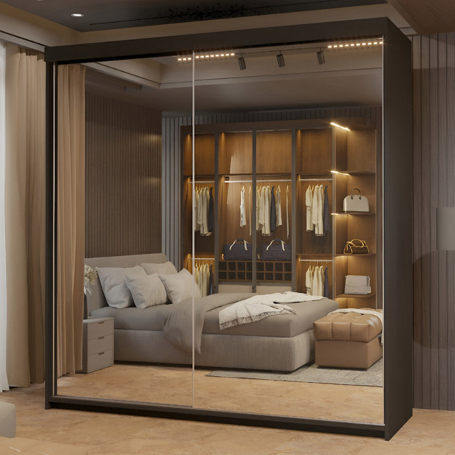 Sliding Wardrobes 4U Queen 2 Door Black Wide Full Length Mirrored Sliding Wardrobe 200cm - Wilko - image 1
