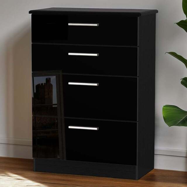 Crowndale Knightsbridge 4 Drawer Black Gloss and Black Deep Chest of Drawers Ready Assembled - Black Gloss & Black - Wilko - image 1