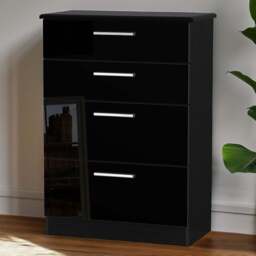Crowndale Knightsbridge 4 Drawer Black Gloss and Black Deep Chest of Drawers Ready Assembled - Black Gloss & Black - Wilko