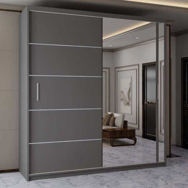 Sliding Wardrobes 4U 2 Sliding Door Grey Modern Single Side Mirrored Wardrobe 150cm - Size: 2 Door - Wilko - image 1