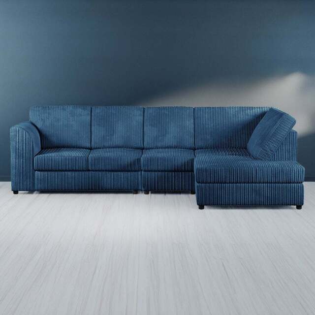 Luxor 4 Seater Marine Blue Jumbo Cord Right Hand Facing Full Back L Shaped Corner Sofa Set - Wilko - image 1