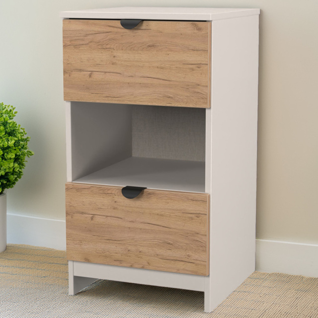 Crowndale Bora 2 Drawer Single Shelf Gold Oak and Kashmir Bedside Cabinet - Cream - Wilko - image 1