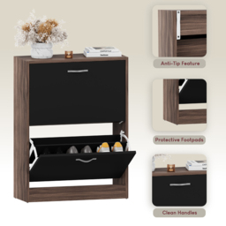 VIDA DESIGNS Walnut and Black 2 Drawer Shoe Cabinet - Size: 80 x 60 x 24cm - Multi - Wilko - thumbnail 6